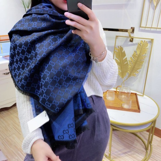 Dupe Qualità da grande replica Wool GG jacquard Sciarpa quadrata double face Blu imitazioni perfette Replica Qualità da grande Wool GG jacquard Sciarpa quadrata double face Blu Griffate