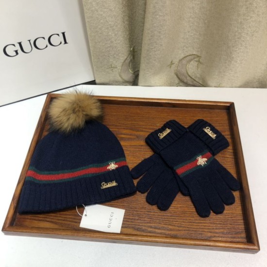 Replica falso Classic Cashmere Jacquard Sciarpa e Cappello Blu Scuro Griffate