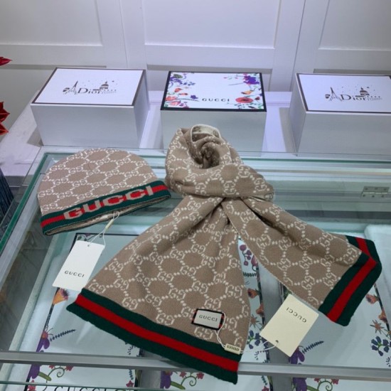 Replica Alta gamma Sciarpa e cappello classici in jacquard cashmere marrone / rosso Griffate